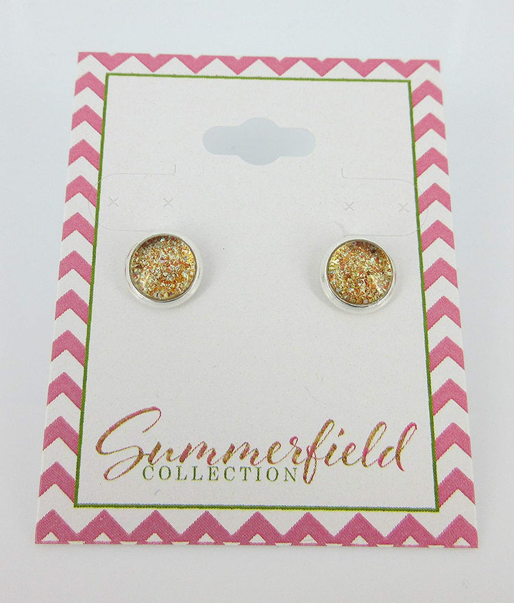Silver-tone Orange Glitter Glass Stud Earrings Hand-painted 8mm