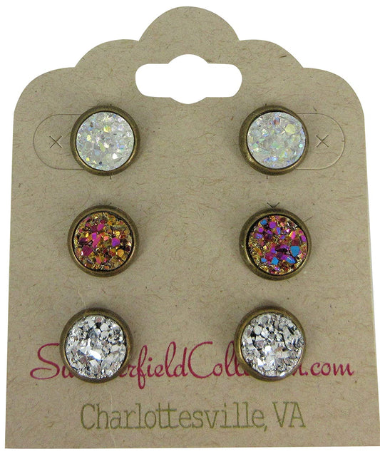 Trio Antiqued Gold-tone Stud Earrings 8mm Teal Pink Navy Blue Faux Druzy Stone Set (Green/Yellow/Blue)