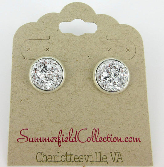 Silver-tone Faux Druzy Stone Stud Earrings 12mm