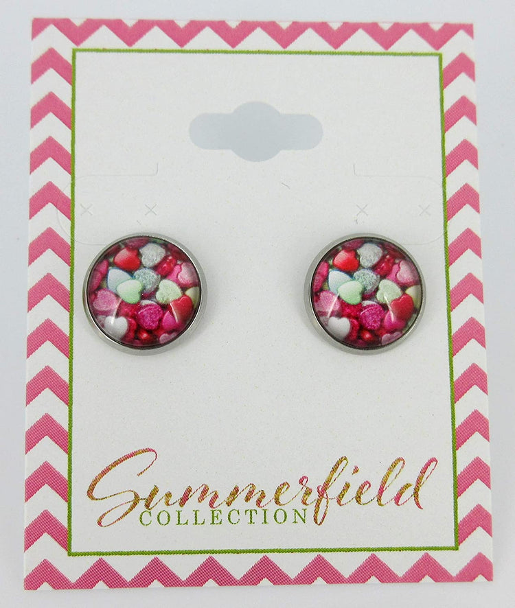 Stainless Steel Heart Print Glass Stud Earrings 12mm