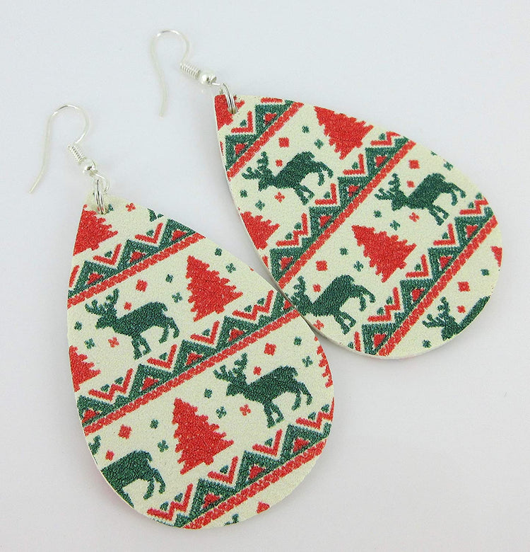 White Red Green Christmas Print Faux Leather Large Teardrop Dangle Earrings