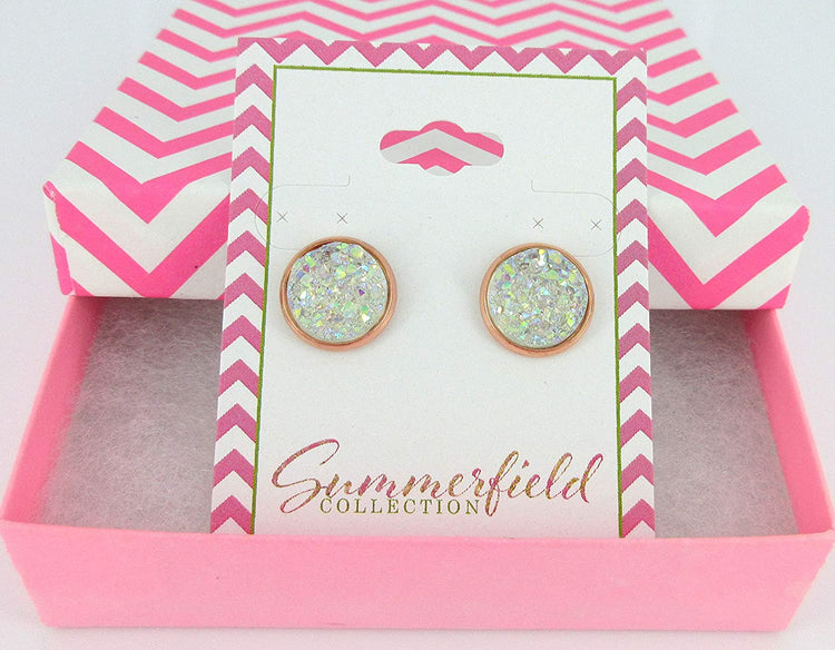 Rose Gold-tone Clear AB Faux Druzy Stone Stud Earrings 12mm