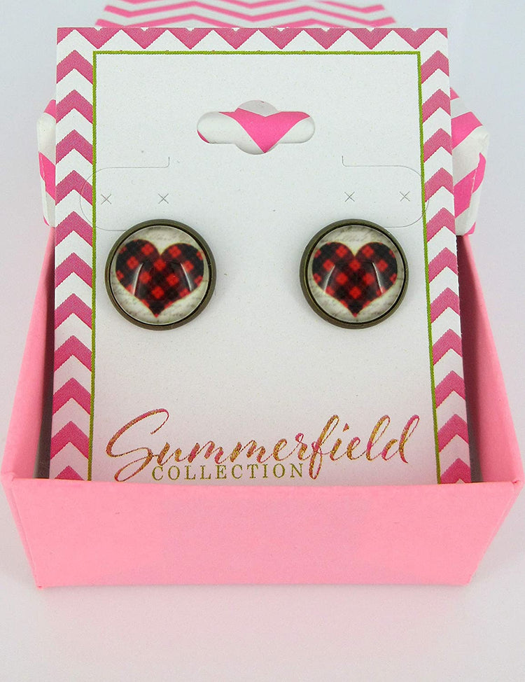 Antiqued Gold-tone Buffalo Plaid Heart Print Glass Stud Earrings 12mm