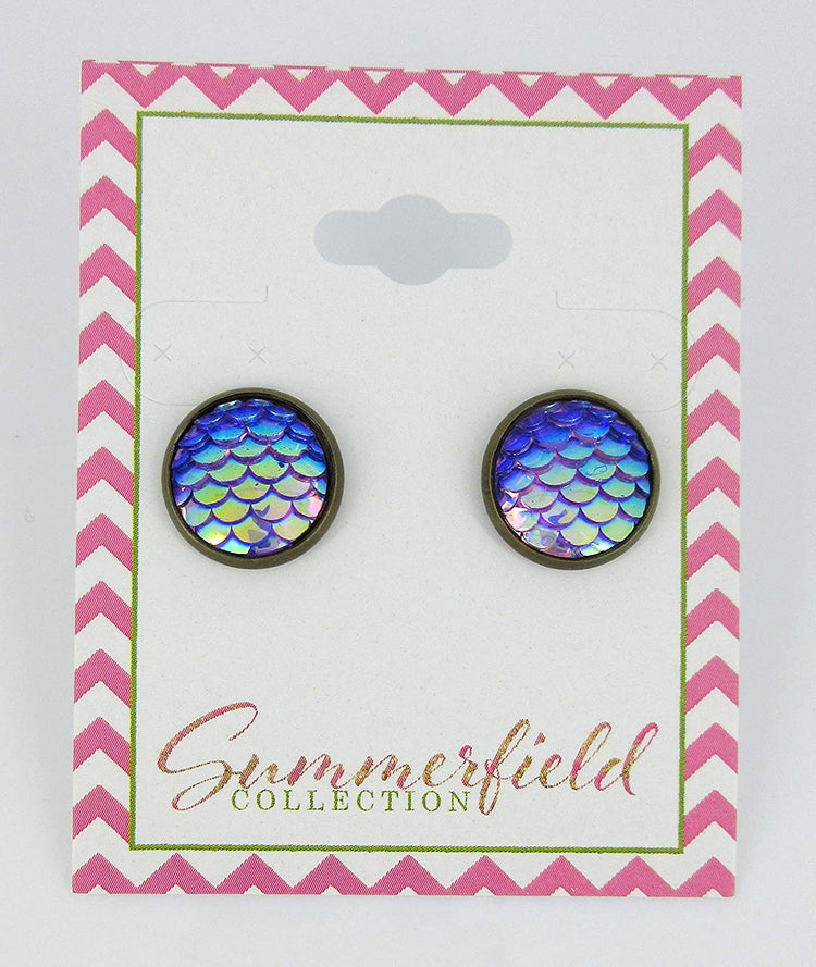 Antiqued Gold-tone Metallic Mermaid Scale Stud Earrings 12mm Purple Blue AB