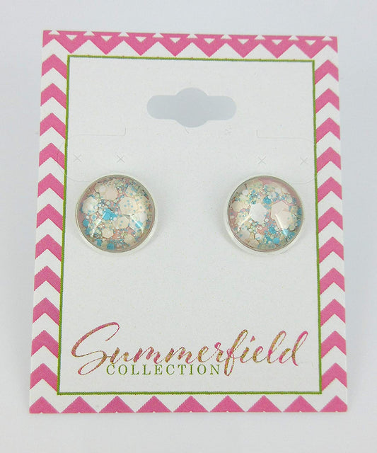 Silver-tone Pink Aqua Blue White and Lime Green Glitter Glass Stud Earrings Hand-painted 12mm