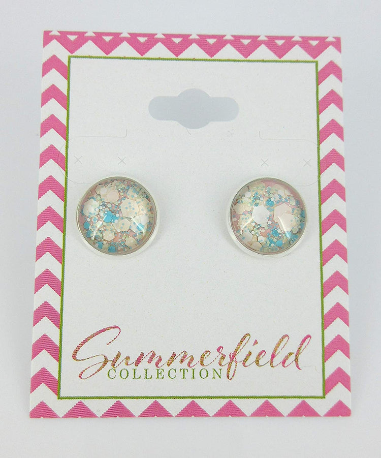 Silver-tone Pink Aqua Blue White and Lime Green Glitter Glass Stud Earrings Hand-painted 12mm