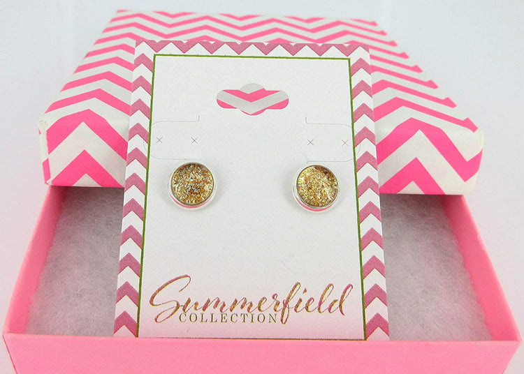 Silver-tone Orange Glitter Glass Stud Earrings Hand-painted 8mm