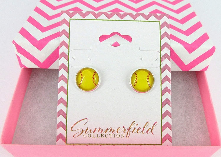 Silver-tone Yellow Softball Print Glass Stud Earrings 10mm