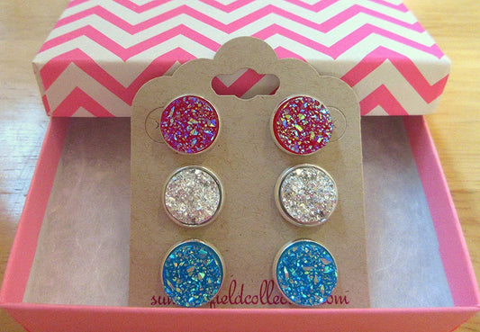 Trio Silver-tone Stud Earrings Faux Druzy Stone Red Dark Pink Blue Set 12mm