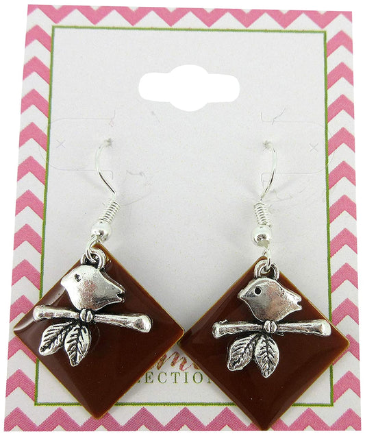 Silver-tone Brown Enamel Bird Charm Dangle Earrings