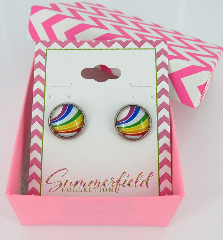 Stainless Steel Vintage Rainbow Stripe Print Glass Stud Earrings 12mm