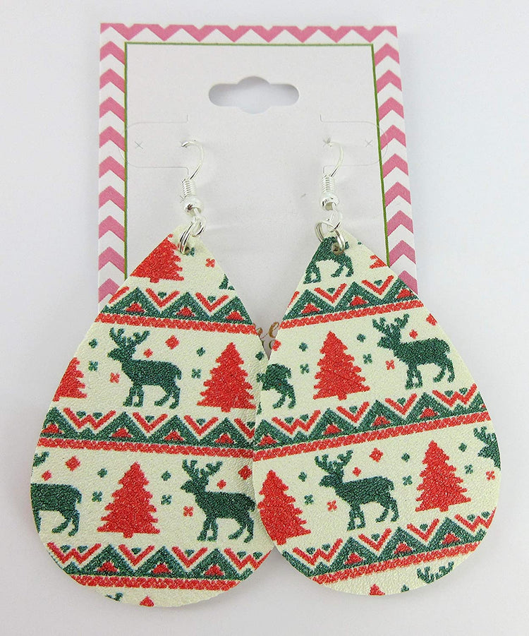 White Red Green Christmas Print Faux Leather Large Teardrop Dangle Earrings