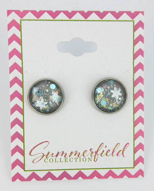 Stainless Steel Gray Snowfall Glitter Glass Stud Earrings Hand-painted 12mm