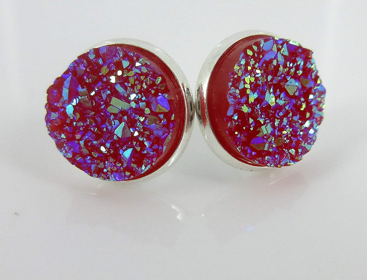 Trio Silver-tone Stud Earrings Faux Druzy Stone Red Dark Pink Blue Set 12mm