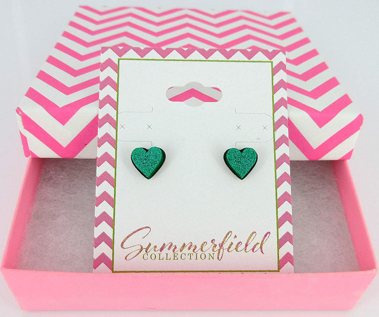 Stainless Steel Teal Blue Green Glitter Acrylic Heart Stud Earrings 8mm