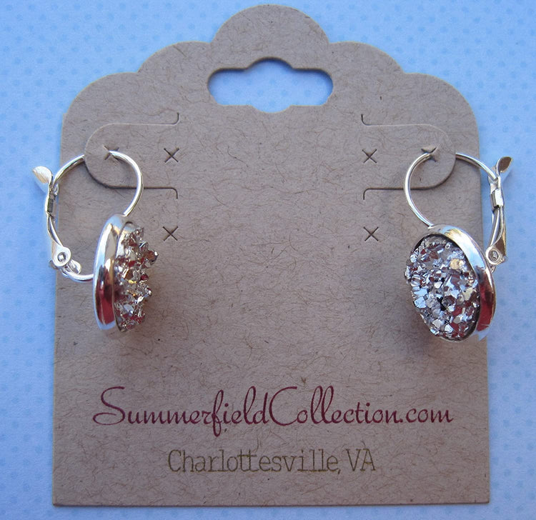 Silver-tone Metallic Faux Druzy Stone Lever-back Drop Earrings 12mm