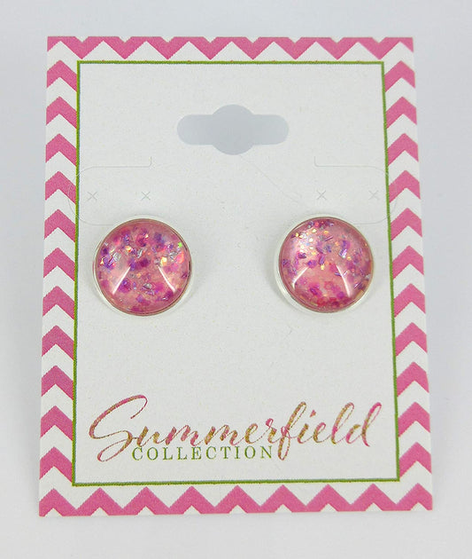 Silver-tone Pink and Purple Iridescent Glitter Glass Stud Earrings Hand-painted 12mm