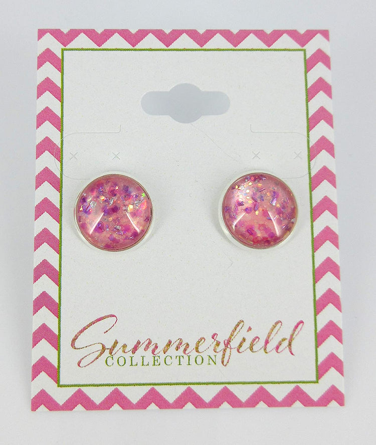 Silver-tone Pink and Purple Iridescent Glitter Glass Stud Earrings Hand-painted 12mm