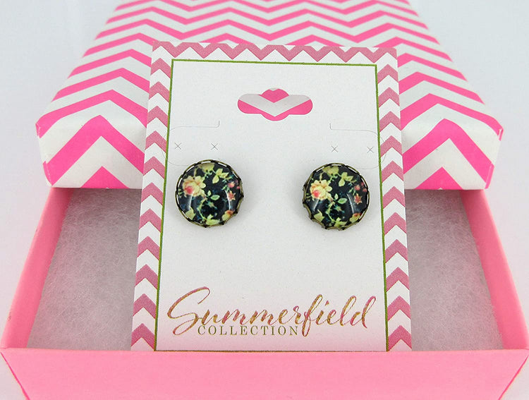 Antiqued Gold-tone Black and Pink Flower Print Glass Stud Earrings 12mm