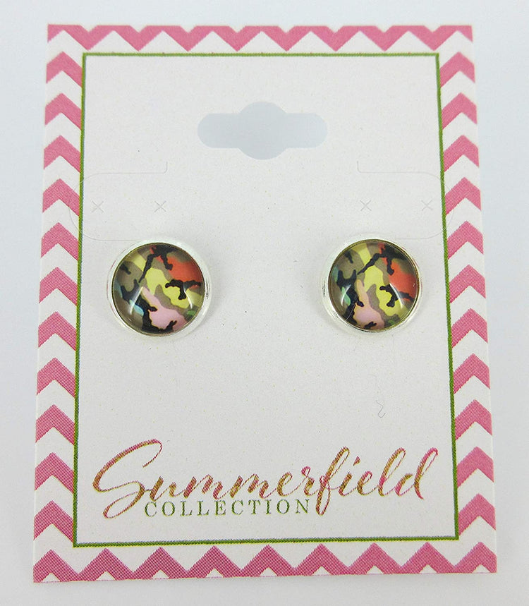 Silver-tone Rainbow Camo Print Glass Stud Earrings 10mm
