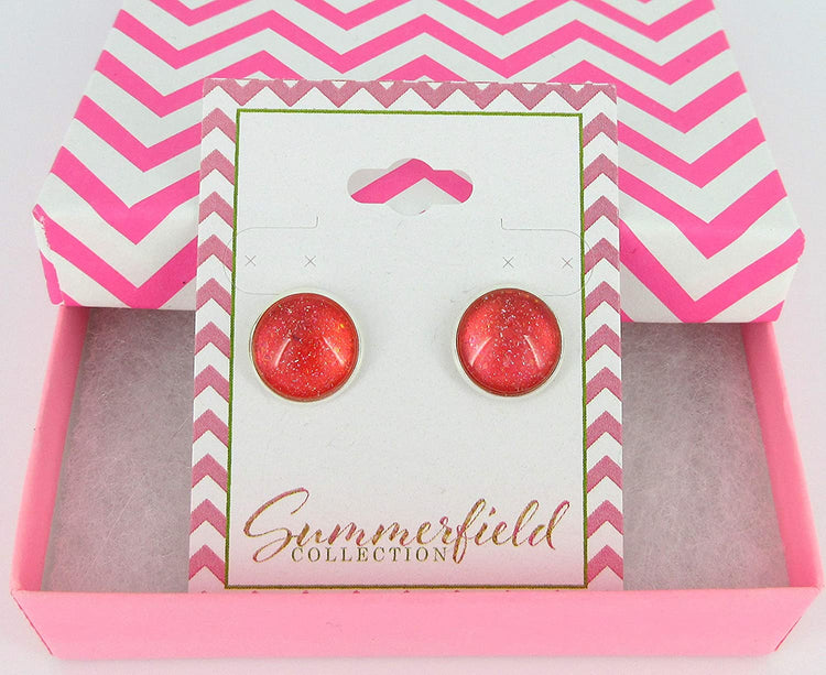 Silver-tone Coral Iridescent Glitter Glass Stud Earrings Hand-painted 12mm