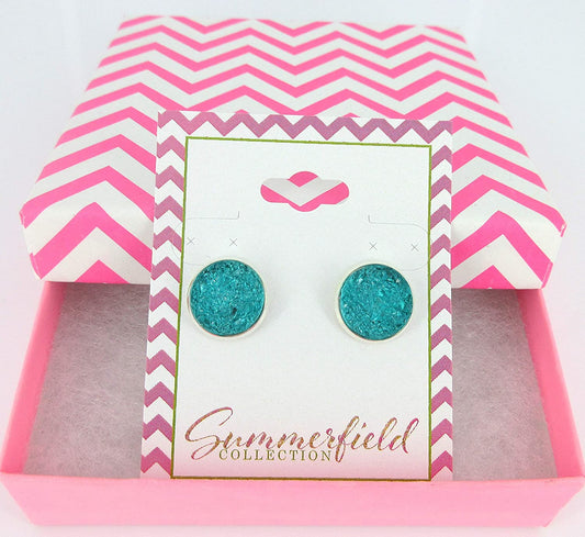 Silver-tone Carribean Blue Faux Druzy Stone Stud Earrings 12mm
