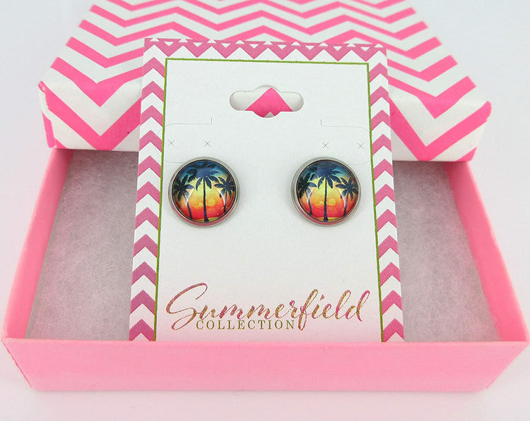 Stainless Steel Tropical Sunset Palm Tree Print Glass Stud Earrings 12mm