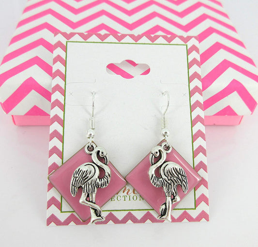 Antiqued Silver-tone Pink Enamel Flamingo Charm Dangle Earrings