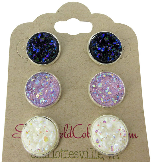 Trio Silver-tone Stud Earrings Faux Druzy Stone Midnight Blue Lavender AB White Set 12mm