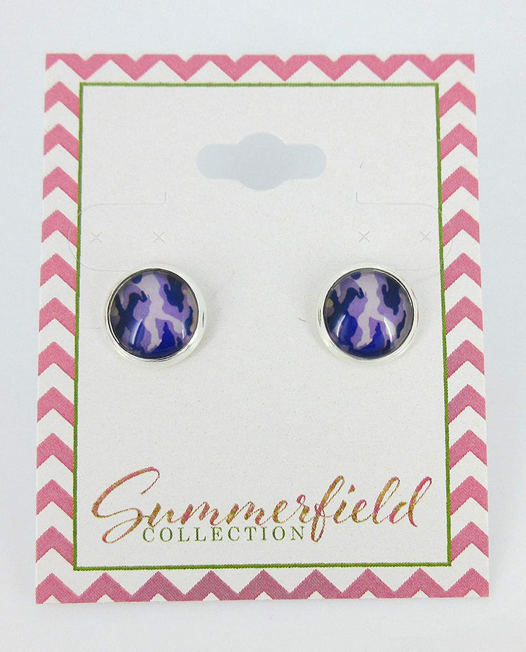 Silver-tone Purple Camo Print Glass Stud Earrings 10mm