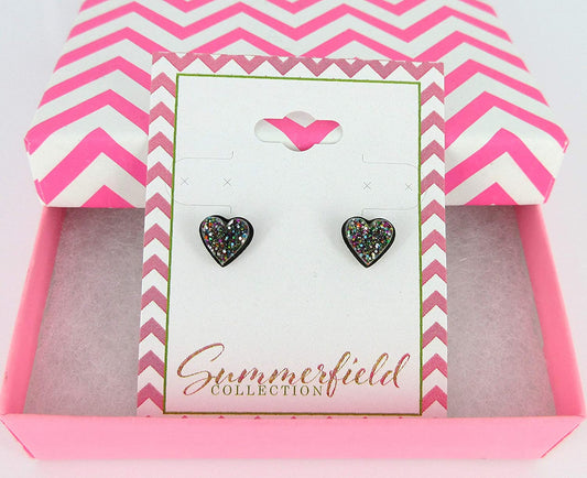 Stainless Steel Dark Rainbow Glitter Acrylic Heart Stud Earrings 8mm