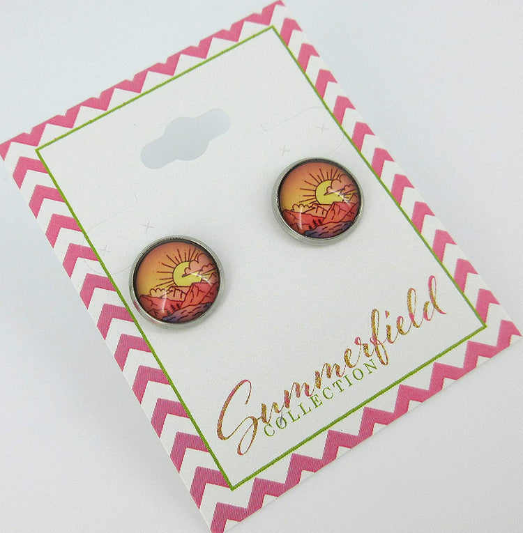 Stainless Steel Vintage Sunrise Print Glass Stud Earrings 12mm