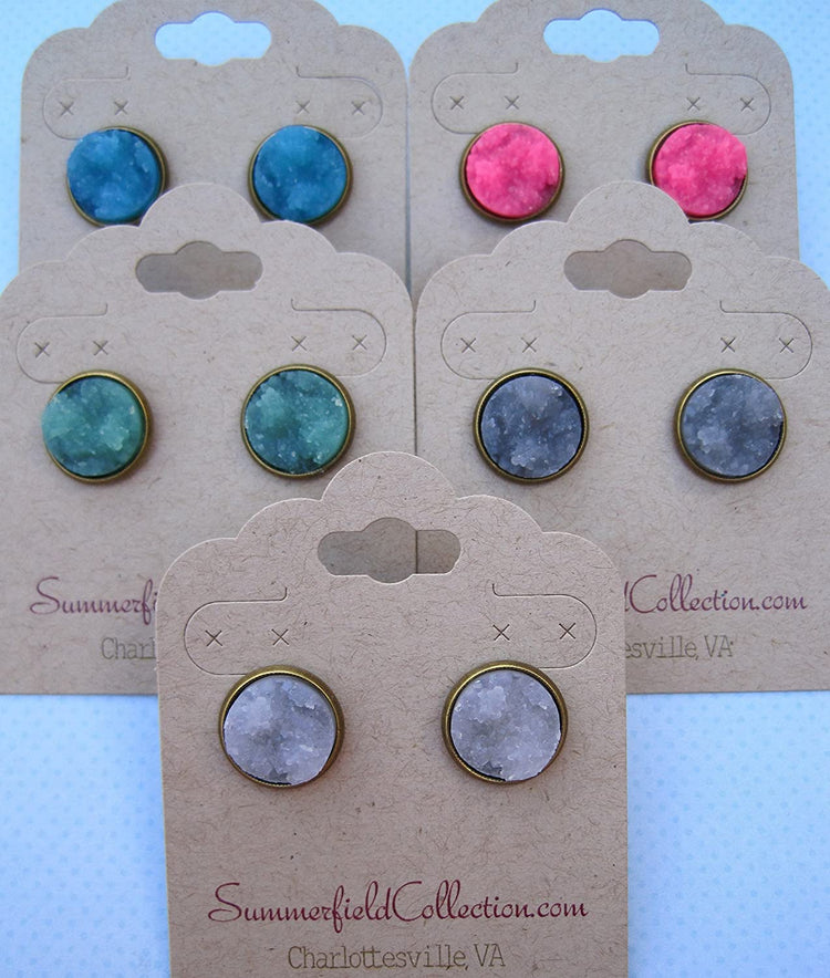 Antiqued Gold-tone Gray Faux Druzy Stone Stud Earrings 12mm