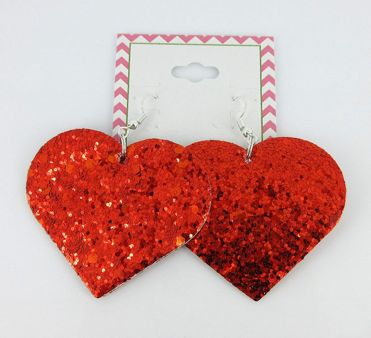 Red Glitter Faux Leather Large Heart Dangle Earrings