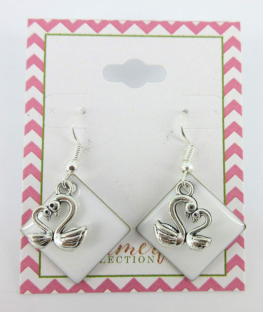 Silver-tone White Enamel Swan Charm Dangle Earrings
