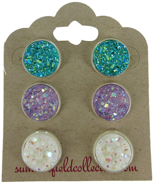 Trio Silver-tone Stud Earrings Faux Druzy Stone Sea Blue Lavender AB White Set 12mm