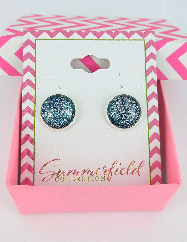 Silver-tone Twinkle Glitter Glass Galaxy Stud Earrings Hand-painted 12mm
