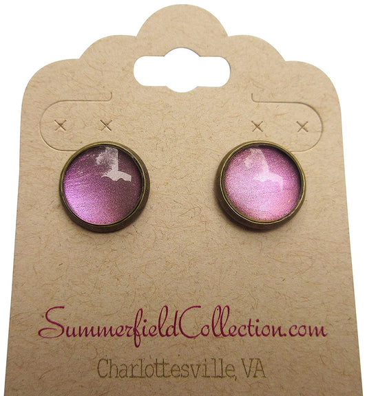 Antiqued Gold-tone Metallic Deep Purple Color Shifting Glass Stud Earrings Hand-painted 12mm