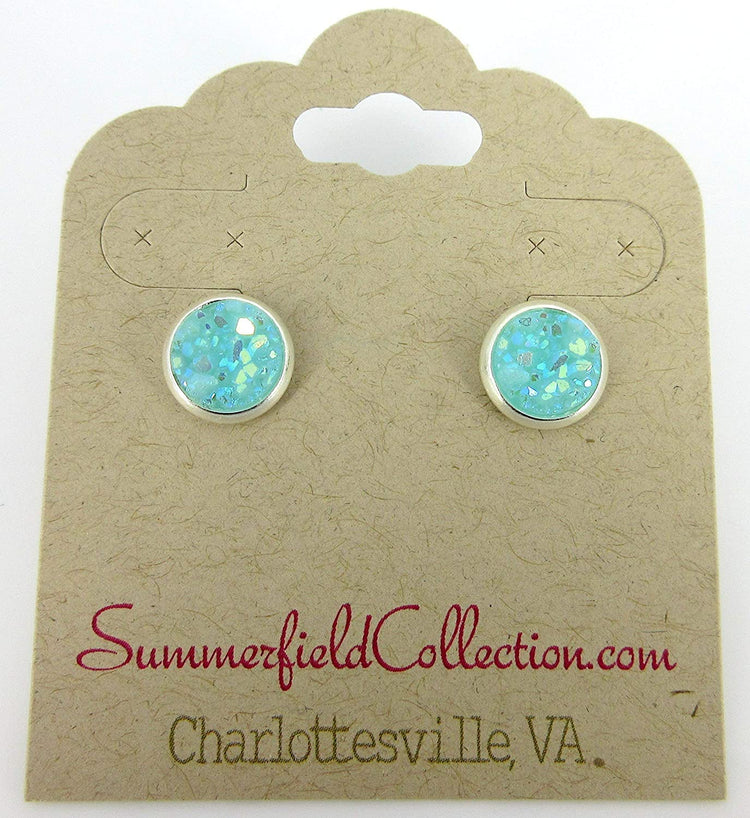 Silver-tone Pastel AB Faux Druzy Stone Stud Earrings 8mm (Aqua Blue)