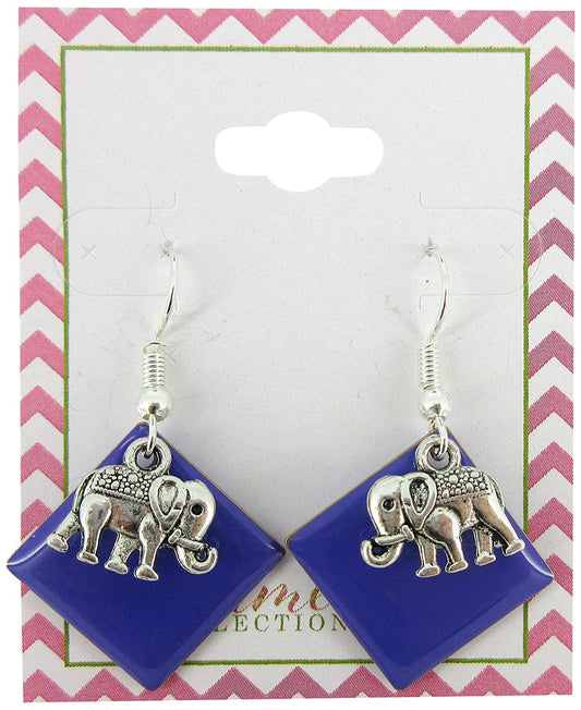 Silver-tone Purple Enamel Elephant Charm Dangle Earrings