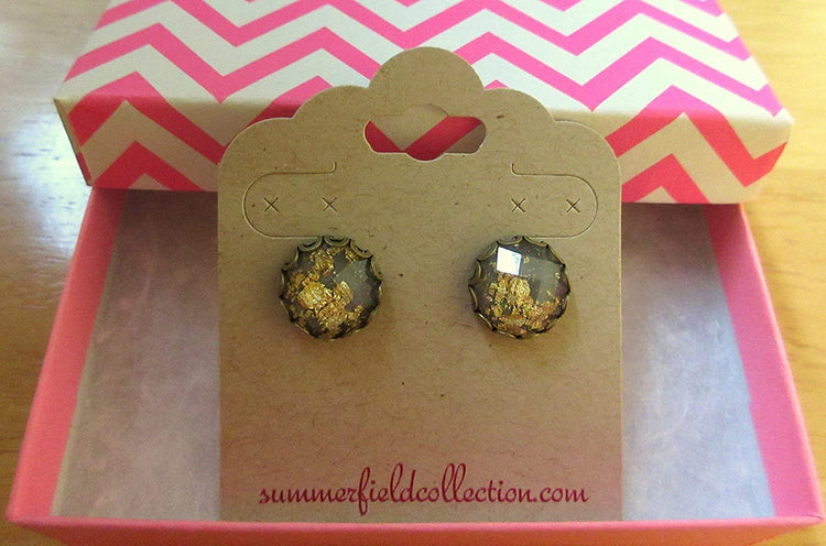 Antiqued Gold-tone Gray Faceted Resin Leaf Foil Stud Earrings 12mm