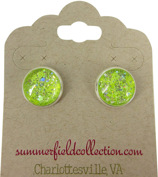 Silver-tone Neon Yellow Green Glitter Glass Stud Earrings Hand-painted 12mm