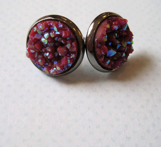 Hematite-tone Maroon Faux Druzy Stone Stud Earrings 12mm