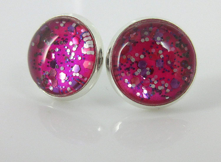 Silver-tone Fuchsia Pink and Purple Glitter Glass Stud Earrings Hand-painted 12mm