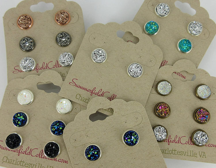 Silver-tone Metallic Faux Druzy Stone Stud Earrings 8mm