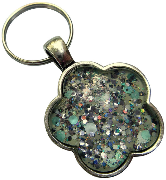 Antiqued Silver-tone Mint Green Glitter Glass Flower Keychain Hand-painted