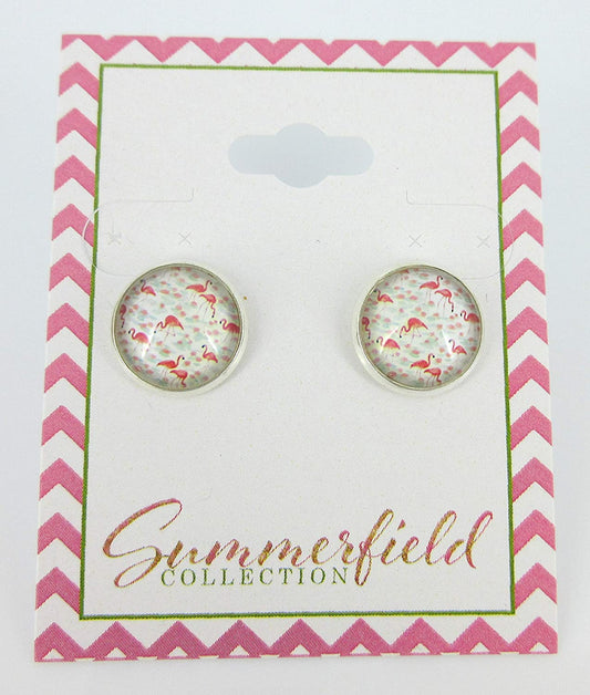 Silver-tone White Pink and Blue Flamingo Print Glass Stud Earrings 12mm