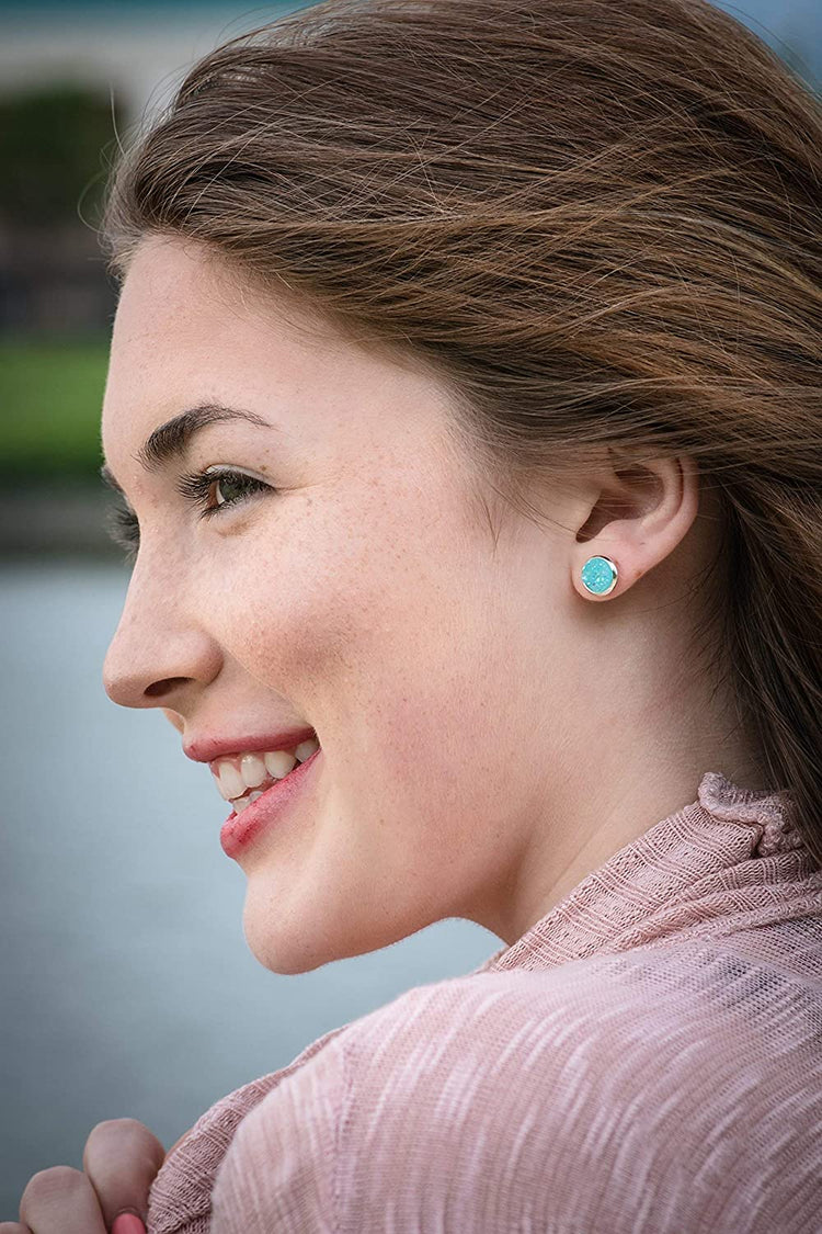 Silver-tone Pastel AB Faux Druzy Stone Stud Earrings 8mm (Aqua Blue)