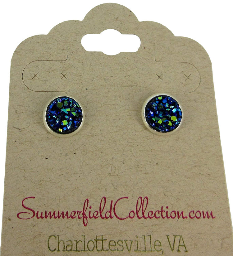 Silver-tone Metallic Faux Druzy Stone Stud Earrings 8mm