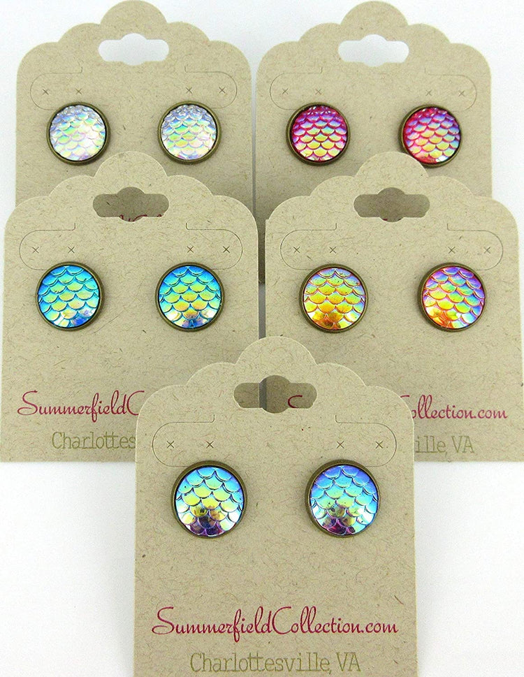 Antiqued Gold-tone Metallic Mermaid Scale Stud Earrings 12mm Purple Blue AB